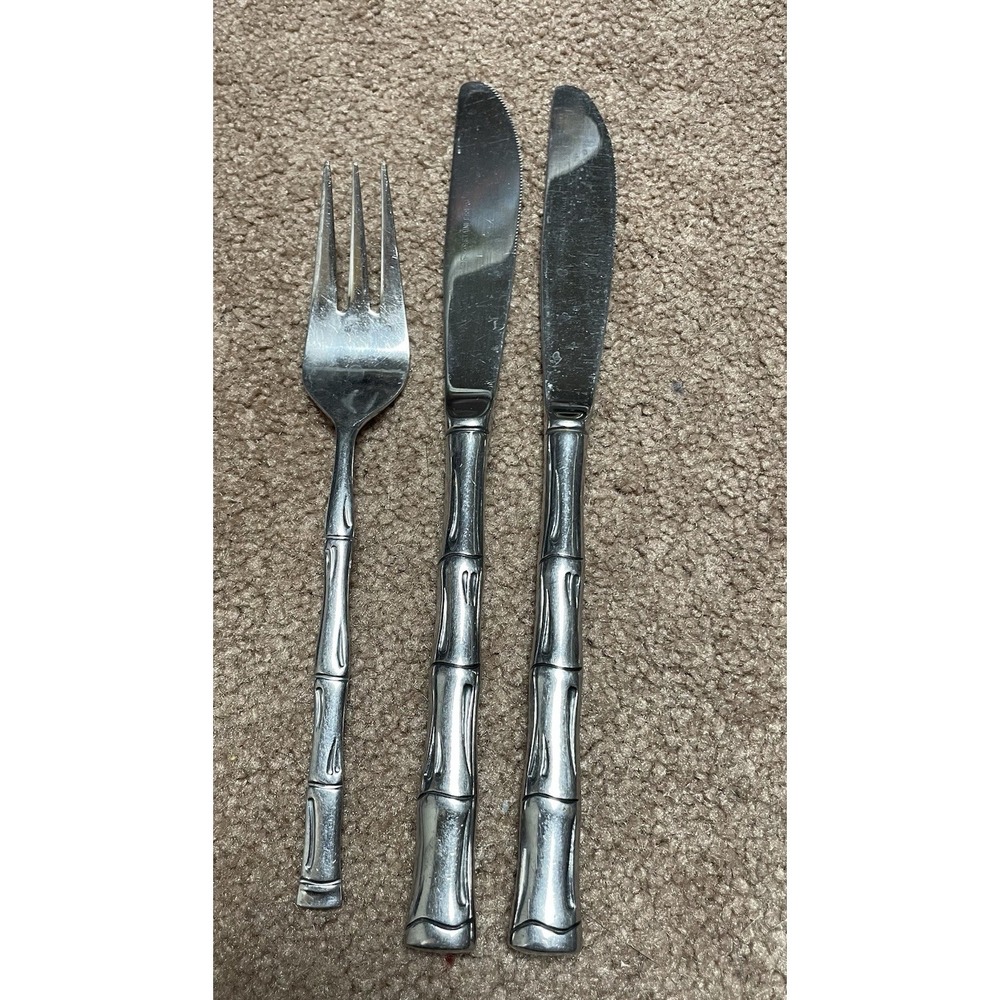 Rogers Co 3 BAMBOO pattern stainless‎ steel flatware Korea 1 Fork 2 Knives Vtg